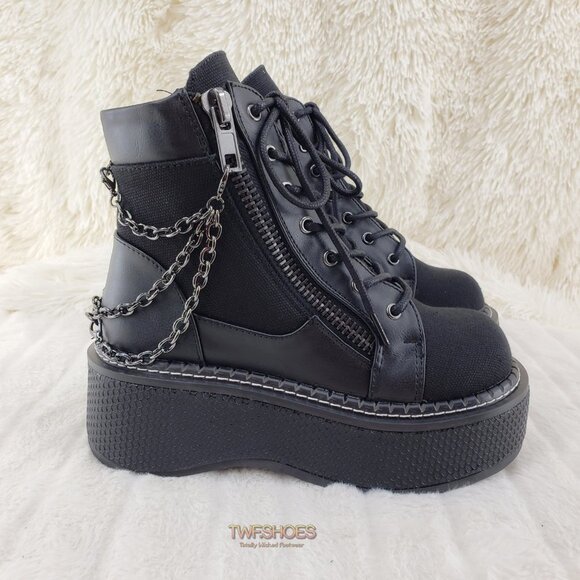 Demonia Shoes - Emily Black Canvas Chain Goth 2" Platform Ankle Boots 114x